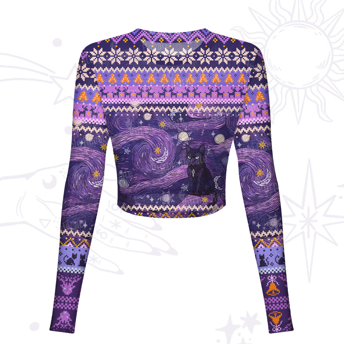 Purplehecate Mystic Cat Beneath the Cosmic Veil Mesh Long Sleeve Crop Top