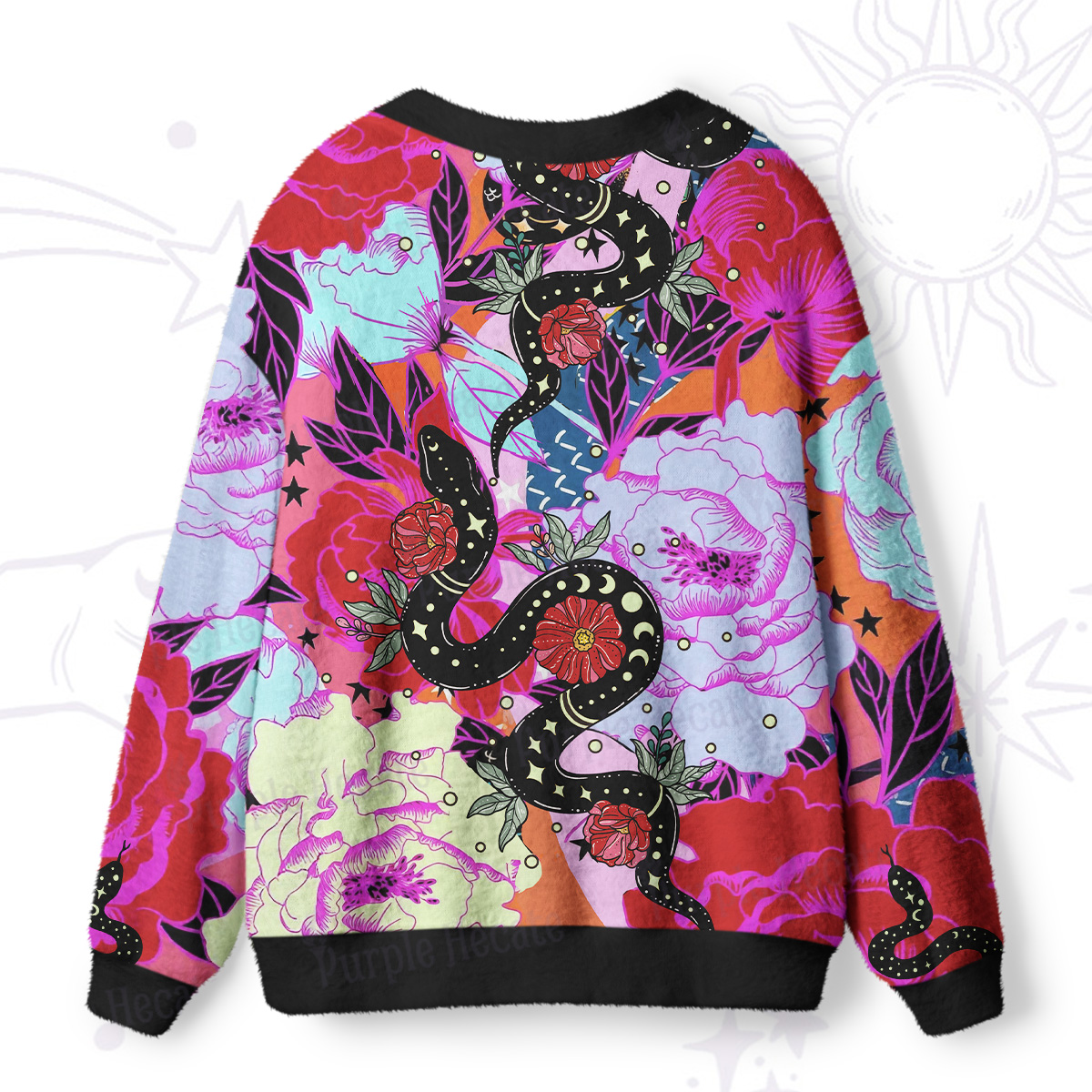 Purplehecate Enchanted Black Serpent & Floral Pattern Ugly Cardigan Sweaters