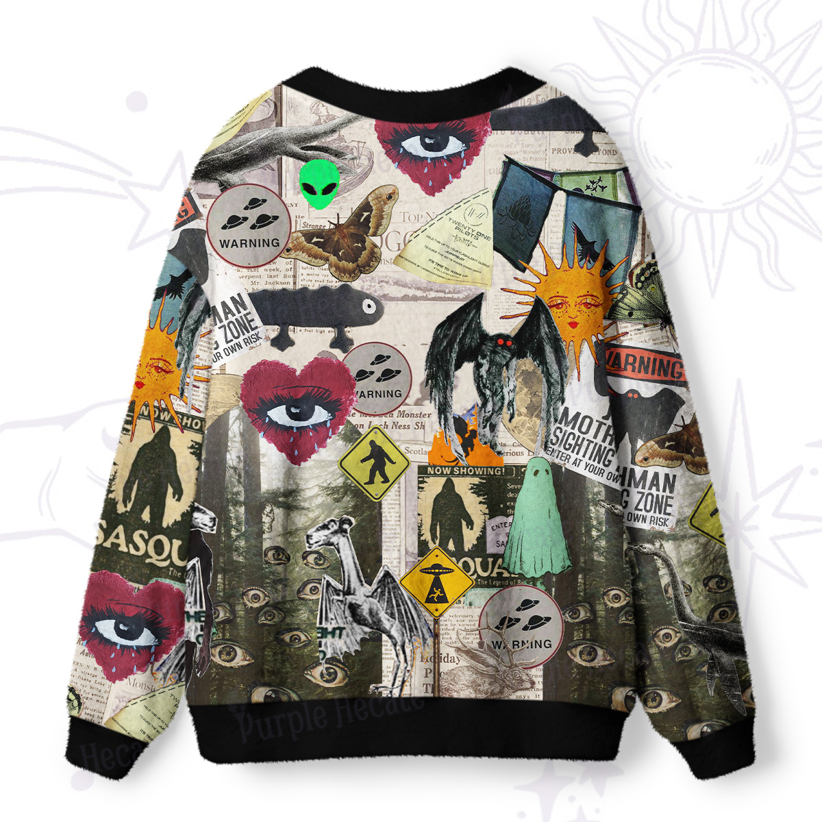 Purplehecate Cryptid Warning Collage Ugly Cardigan Sweaters
