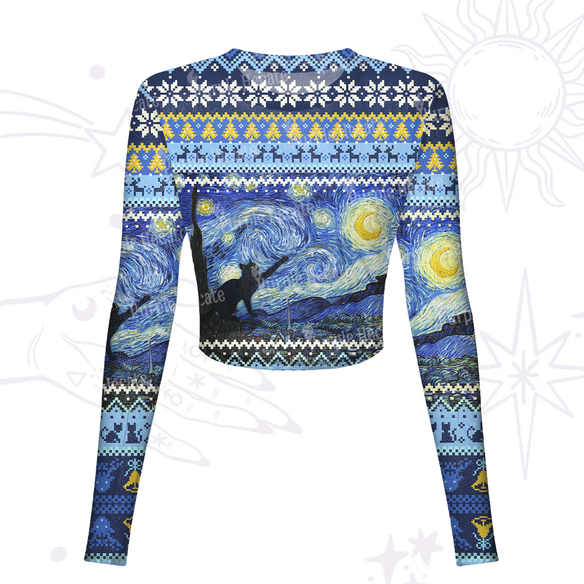Purplehecate Witch Cat Under the Starry Night Mesh Long Sleeve Crop Top