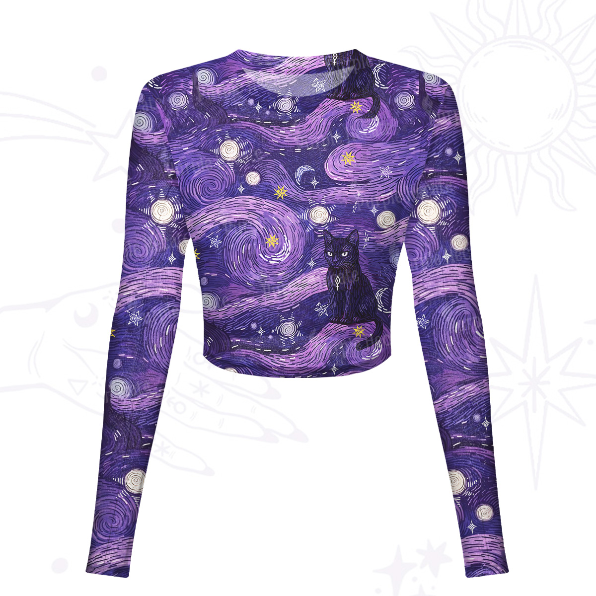 Purplehecate Mystic Cat Beneath the Cosmic Veil Mesh Long Sleeve Crop Top