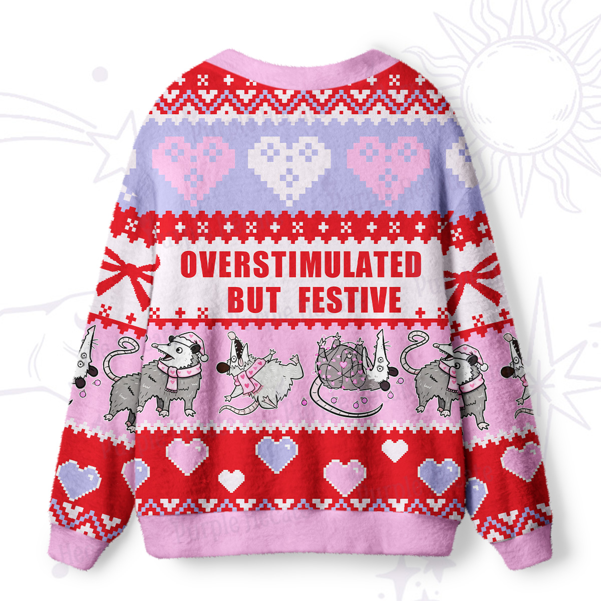 Purplehecate Overstimulated But Festive Possum Valentine Ugly Cardigan Sweaters