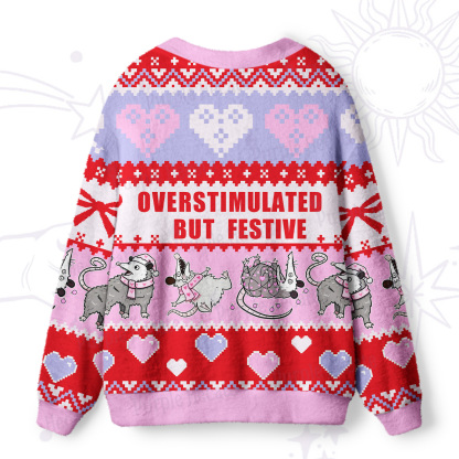 Purplehecate Overstimulated But Festive Possum Valentine Ugly Cardigan Sweaters