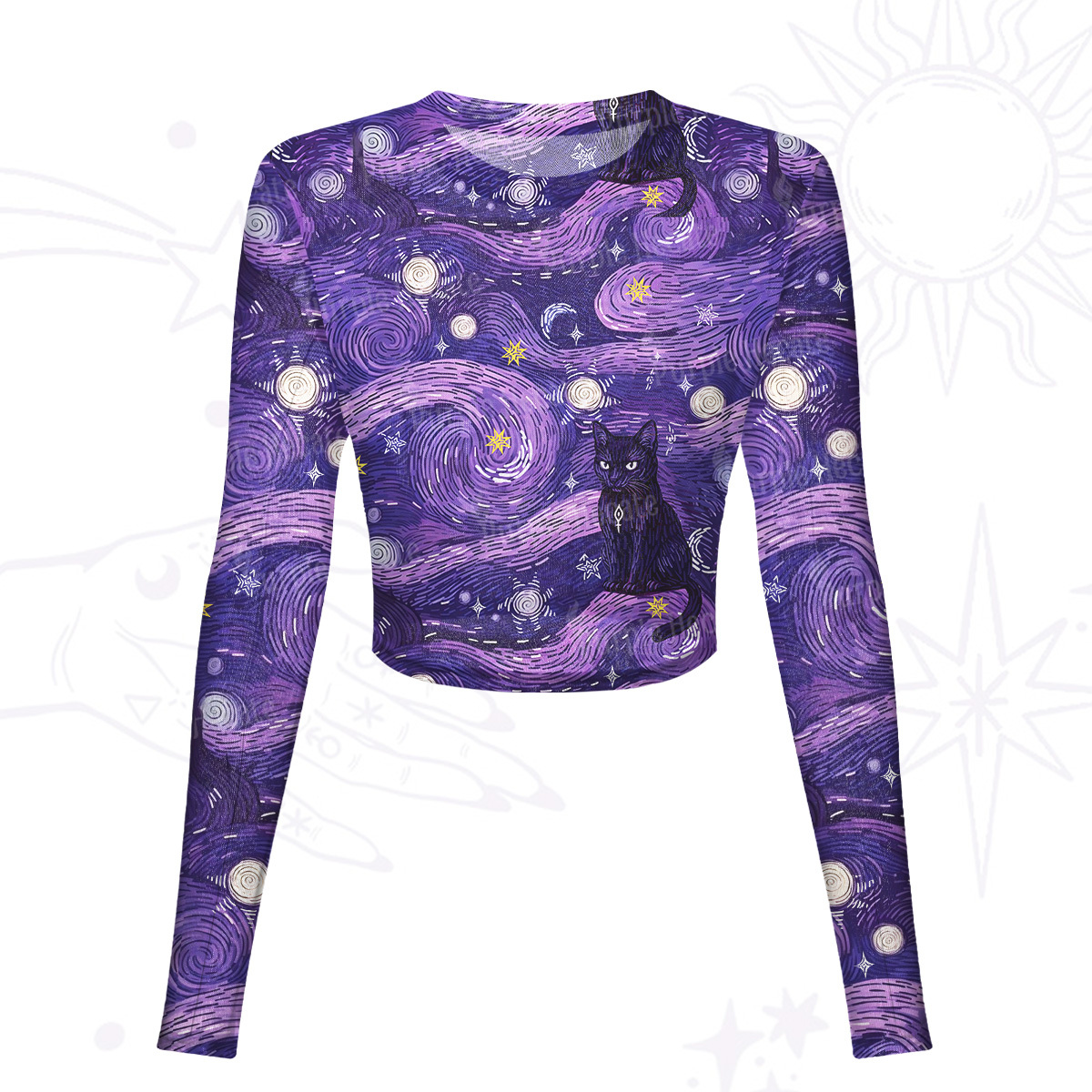 Purplehecate Mystic Cat Beneath the Cosmic Veil Mesh Long Sleeve Crop Top
