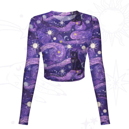 Purplehecate Mystic Cat Beneath the Cosmic Veil Mesh Long Sleeve Crop Top