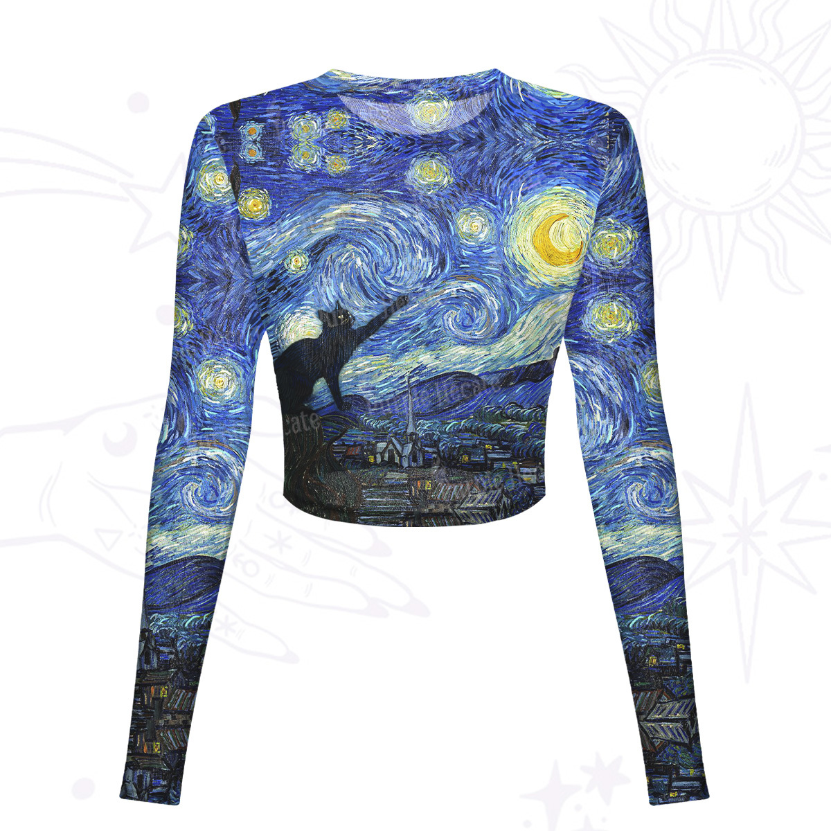 Purplehecate Witch Cat Under the Starry Night Mesh Long Sleeve Crop Top