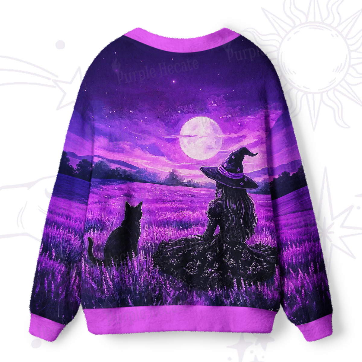 Purplehecate Dreamy Purple Witch and Black Cat Ugly Cardigan Sweaters