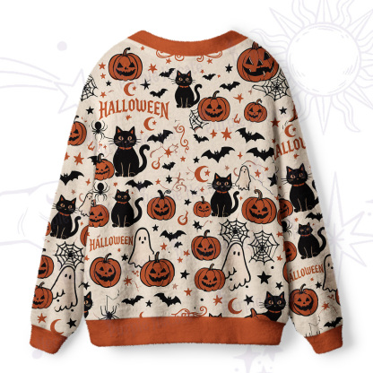 Purplehecate Halloween Ghost Black Cat Ugly Cardigan Sweaters