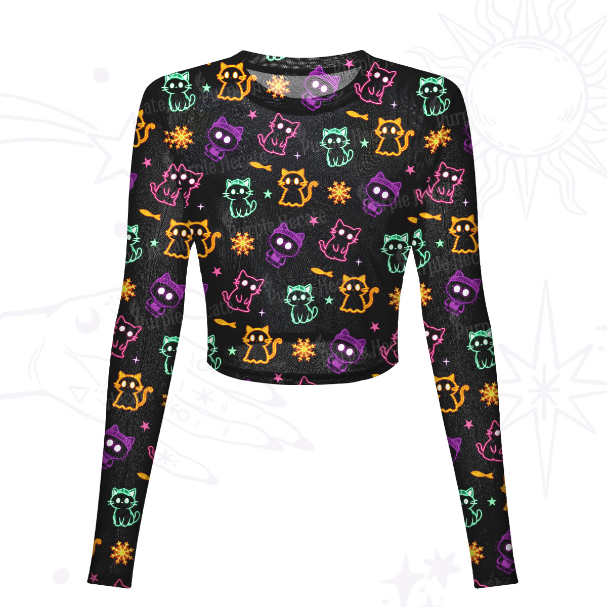 Purplehecate Neon Cat Party Mesh Long Sleeve Crop Top