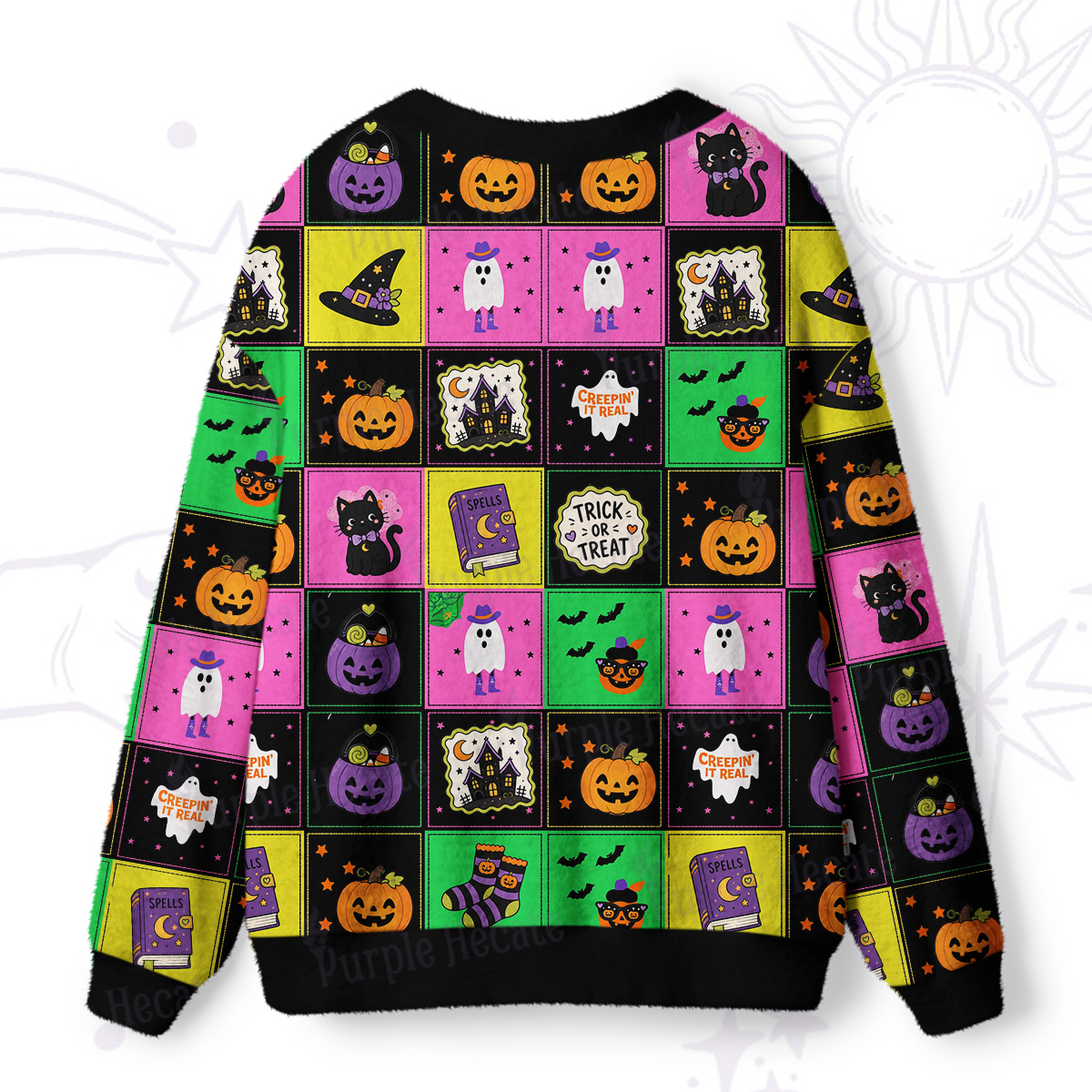 Purplehecate Trick or Treat Halloween Patchwork Ugly Cardigan Sweaters