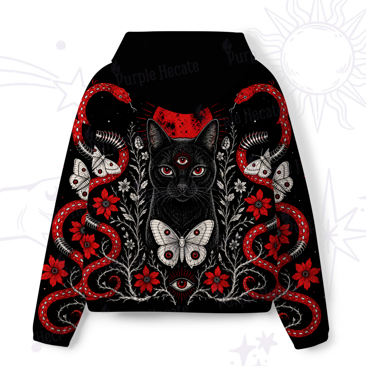 Purplehecate Blood Moon Third‑Eye Black Cat All-Over Print Hoodie
