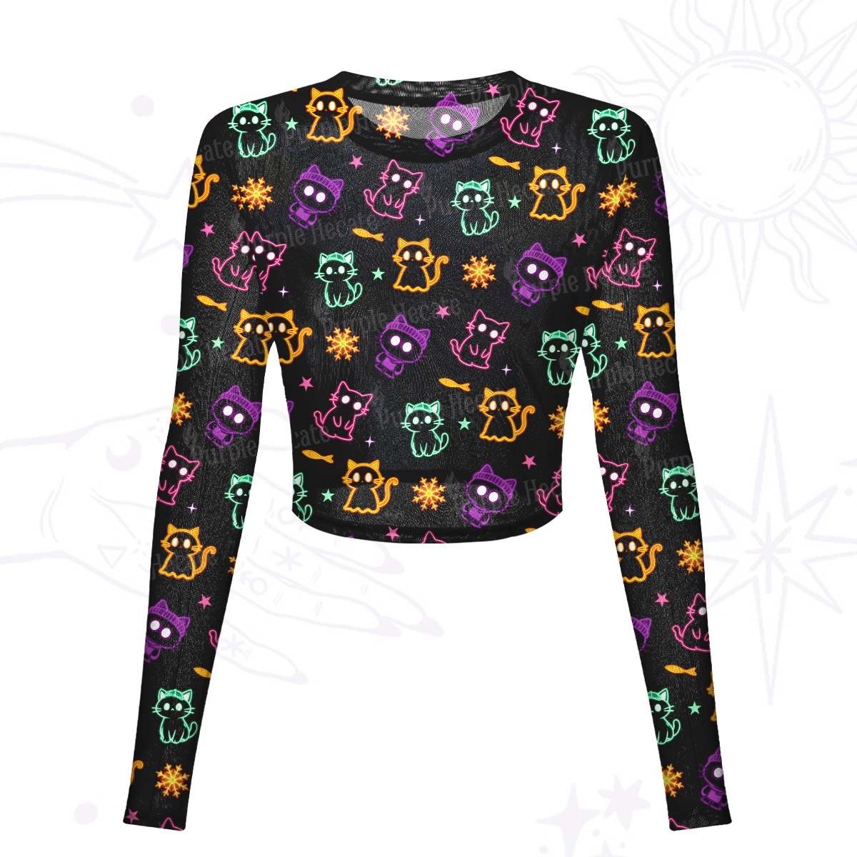 Purplehecate Neon Cat Party Mesh Long Sleeve Crop Top