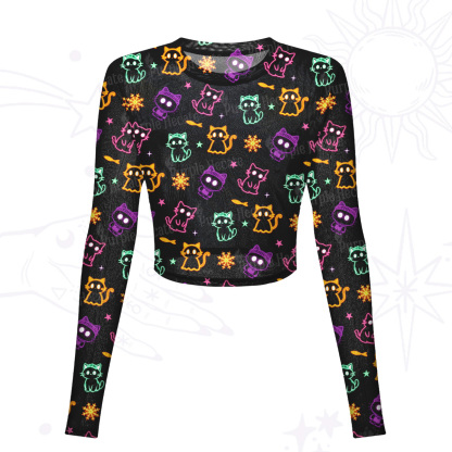 Purplehecate Neon Cat Party Mesh Long Sleeve Crop Top