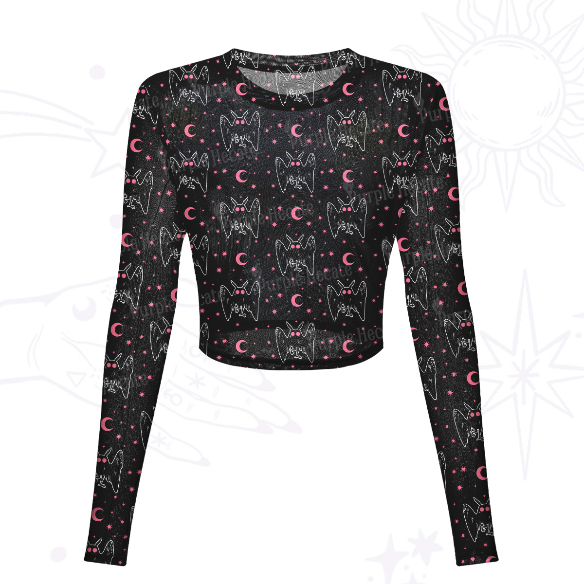 Purplehecate Witchy Mothman Night Mesh Long Sleeve Crop Top