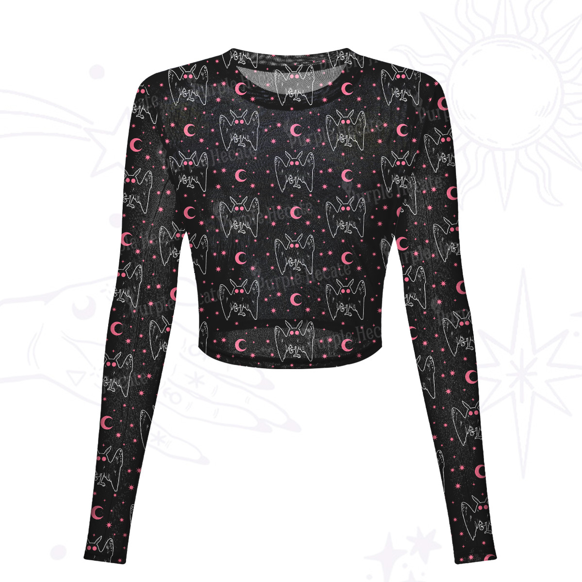 Purplehecate Witchy Mothman Night Mesh Long Sleeve Crop Top