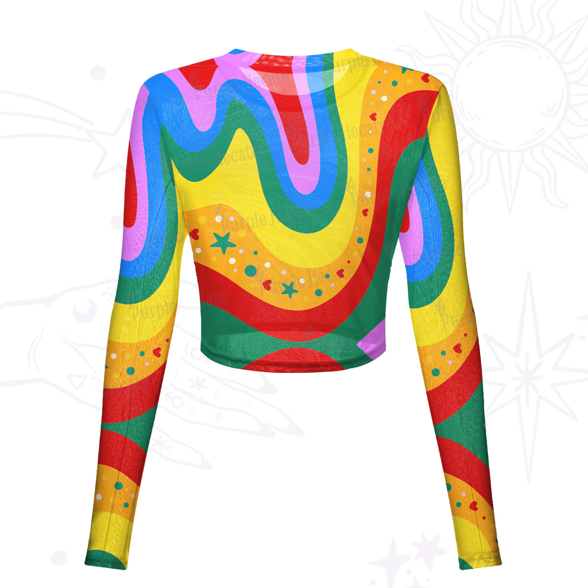 Purplehecate Dreamy Rainbow Waves Mesh Long Sleeve Crop Top