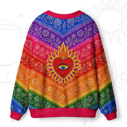 Purplehecate Rainbow Striped Sacred Heart Ugly Cardigan Sweaters
