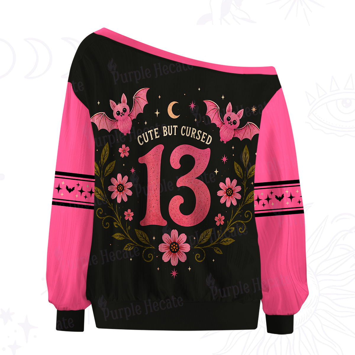 Purplehecate Cute but Cursed Black Cat Off The Shoulder Graphic Jersey