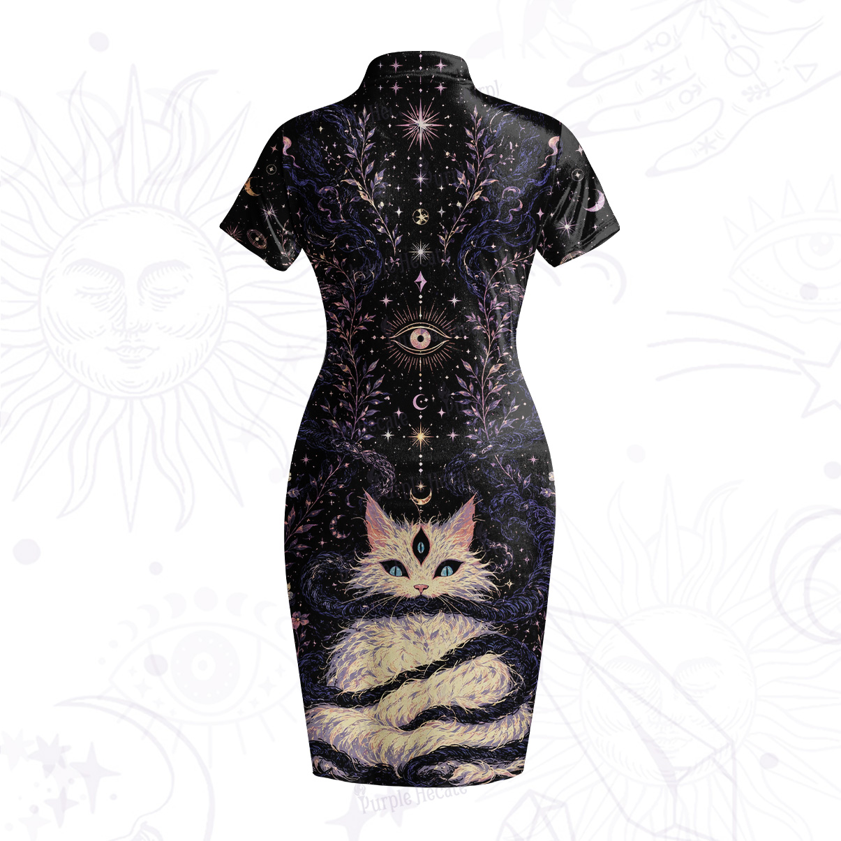 Purplehecate Moon Phase Oracle Cat Velvet Bodycon Dress