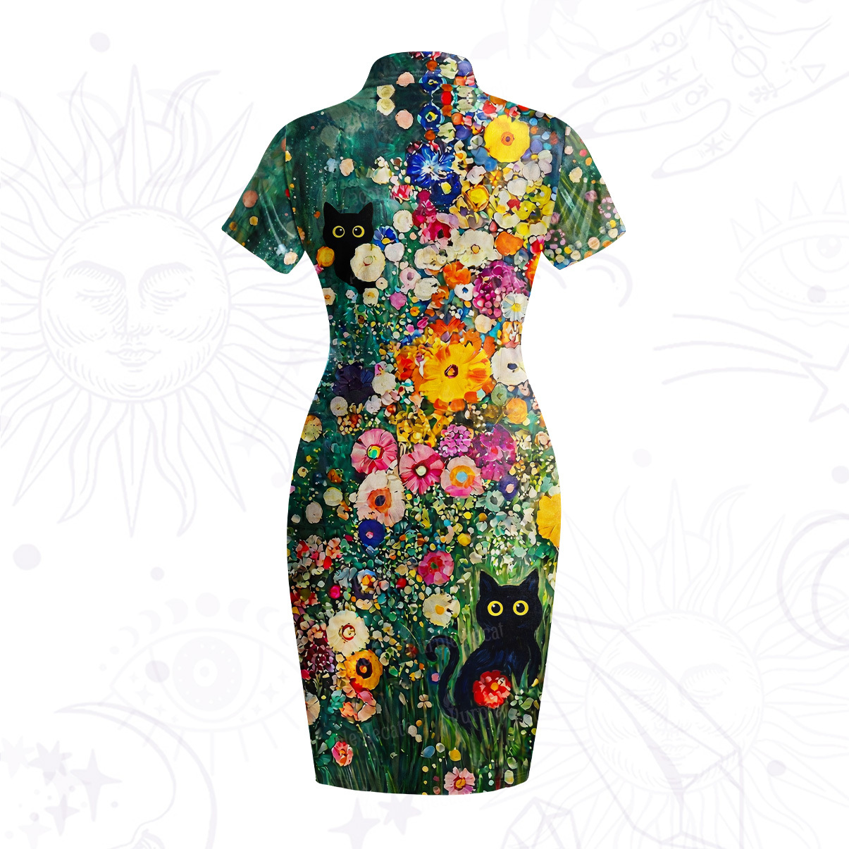 Purplehecate Fluffy Black Cat in Colorful Flower Field Velvet Bodycon Dress