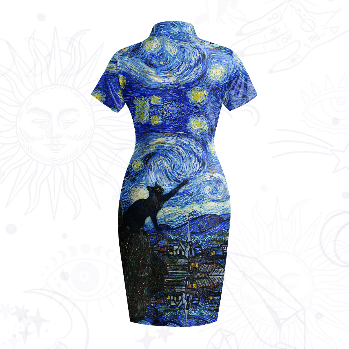 Purplehecate Witch Cat Under the Starry Night Velvet Bodycon Dress