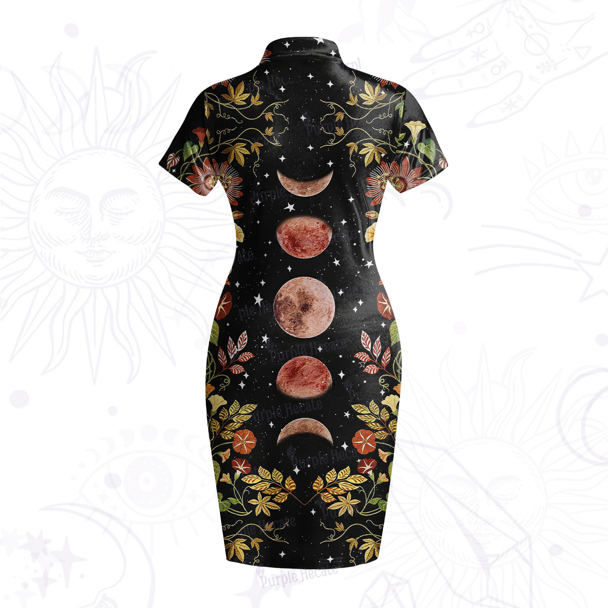 Purplehecate Moon Phase Floral Velvet Bodycon Dress