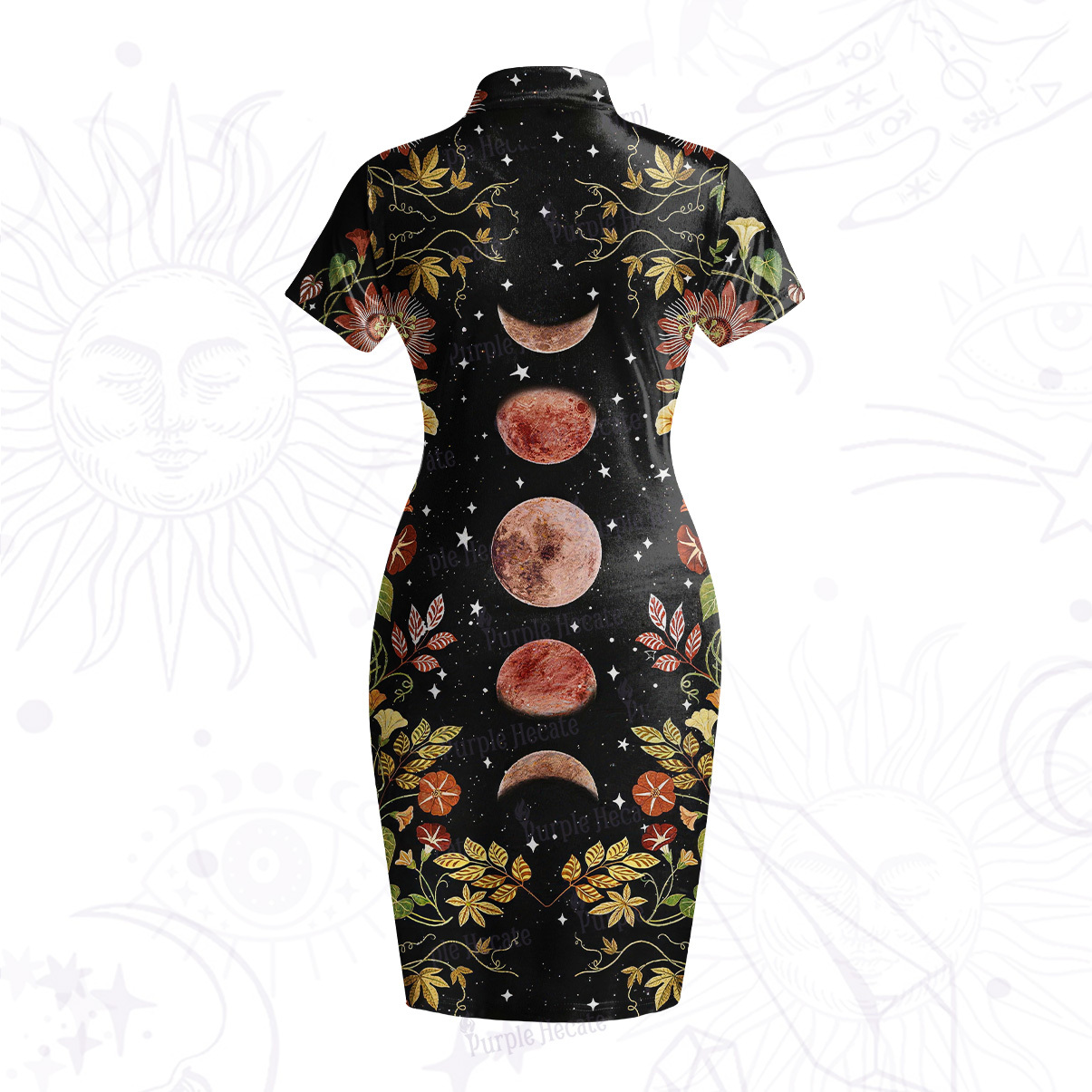 Purplehecate Moon Phase Floral Velvet Bodycon Dress