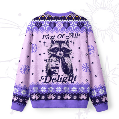 Purplehecate First Of All I'm A Delightful Funny Raccoon Ugly Christmas Sweatshirts