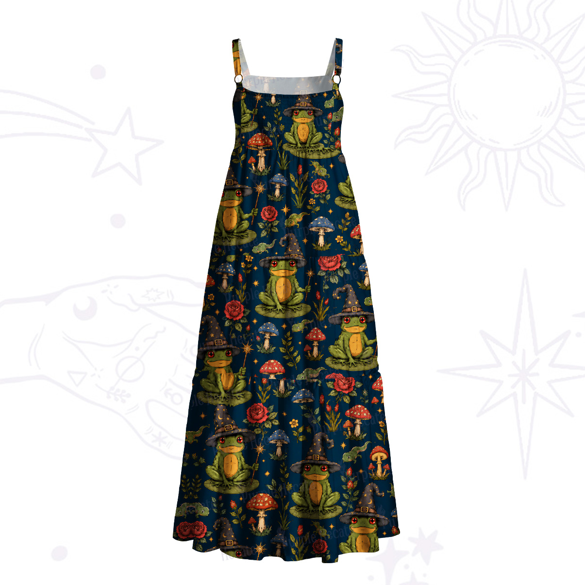 Purplehecate Forest Frog Wizard Print Wide Straps Maxi Dress