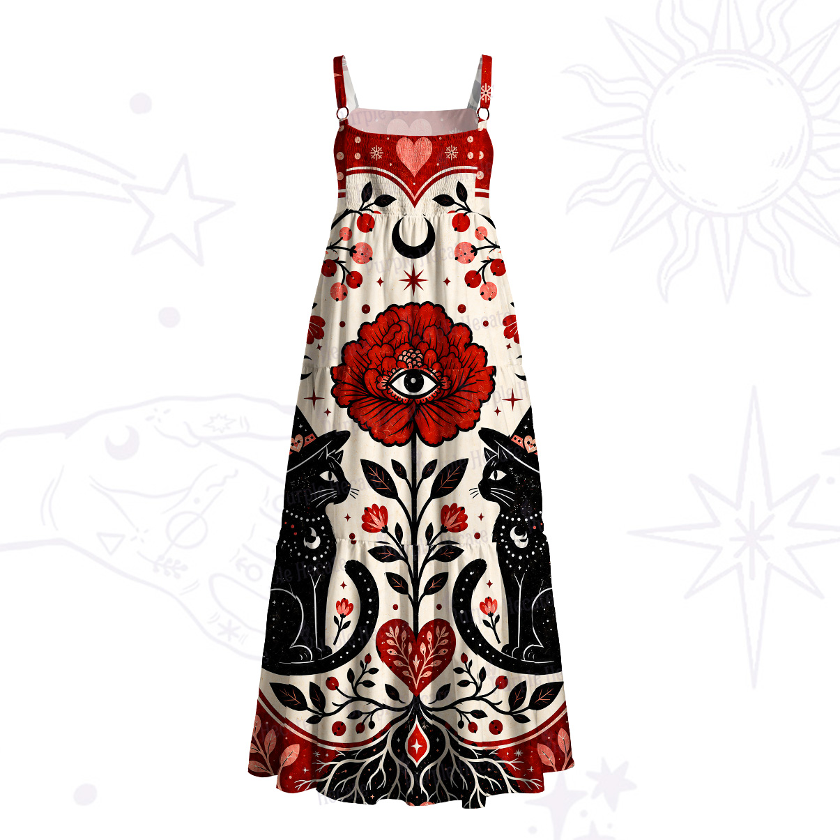 Purplehecate Sacred Cat Floral Wide Straps Maxi Dress