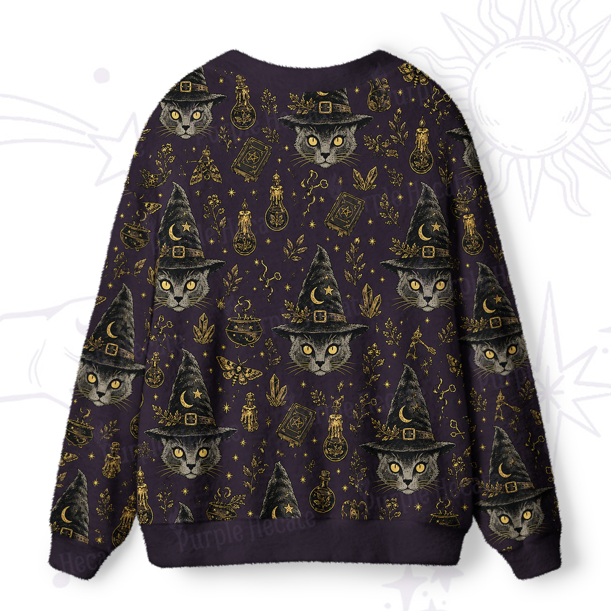 Purplehecate Witchy Grey Cat Print Halloween Ugly Cardigan Sweaters