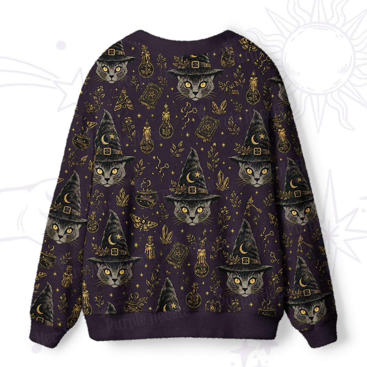 Purplehecate Witchy Grey Cat Print Halloween Ugly Cardigan Sweaters