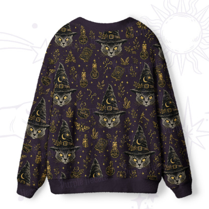 Purplehecate Witchy Grey Cat Print Halloween Ugly Cardigan Sweaters