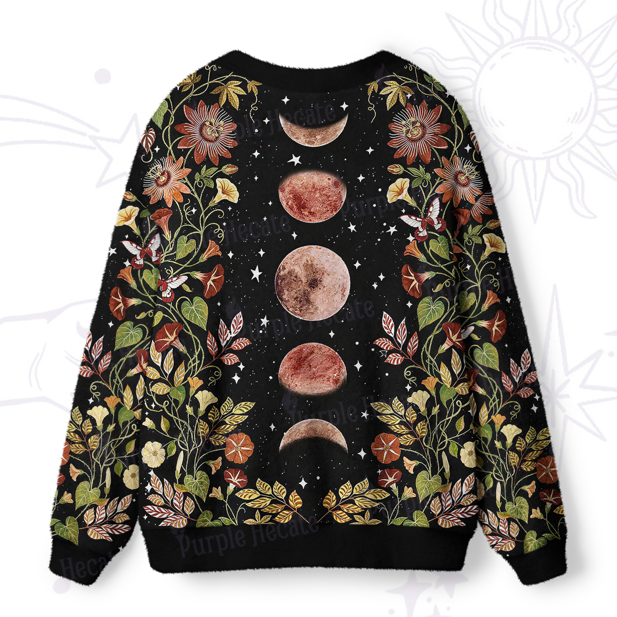 Purplehecate Moon Phase Floral Ugly Cardigan Sweaters