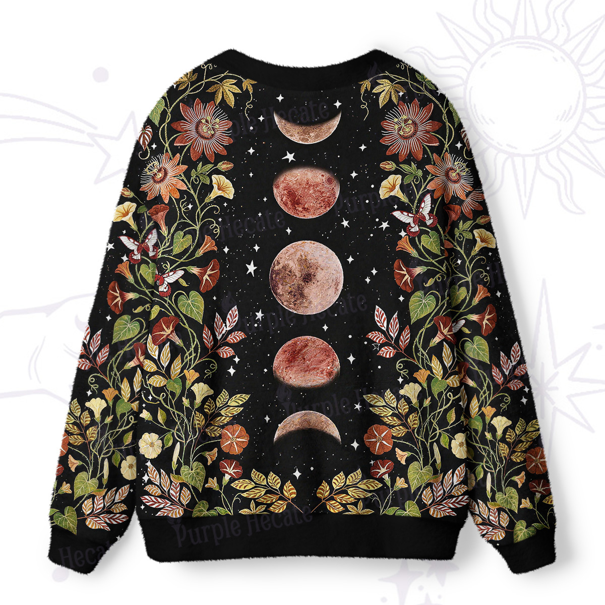 Purplehecate Moon Phase Floral Ugly Cardigan Sweaters