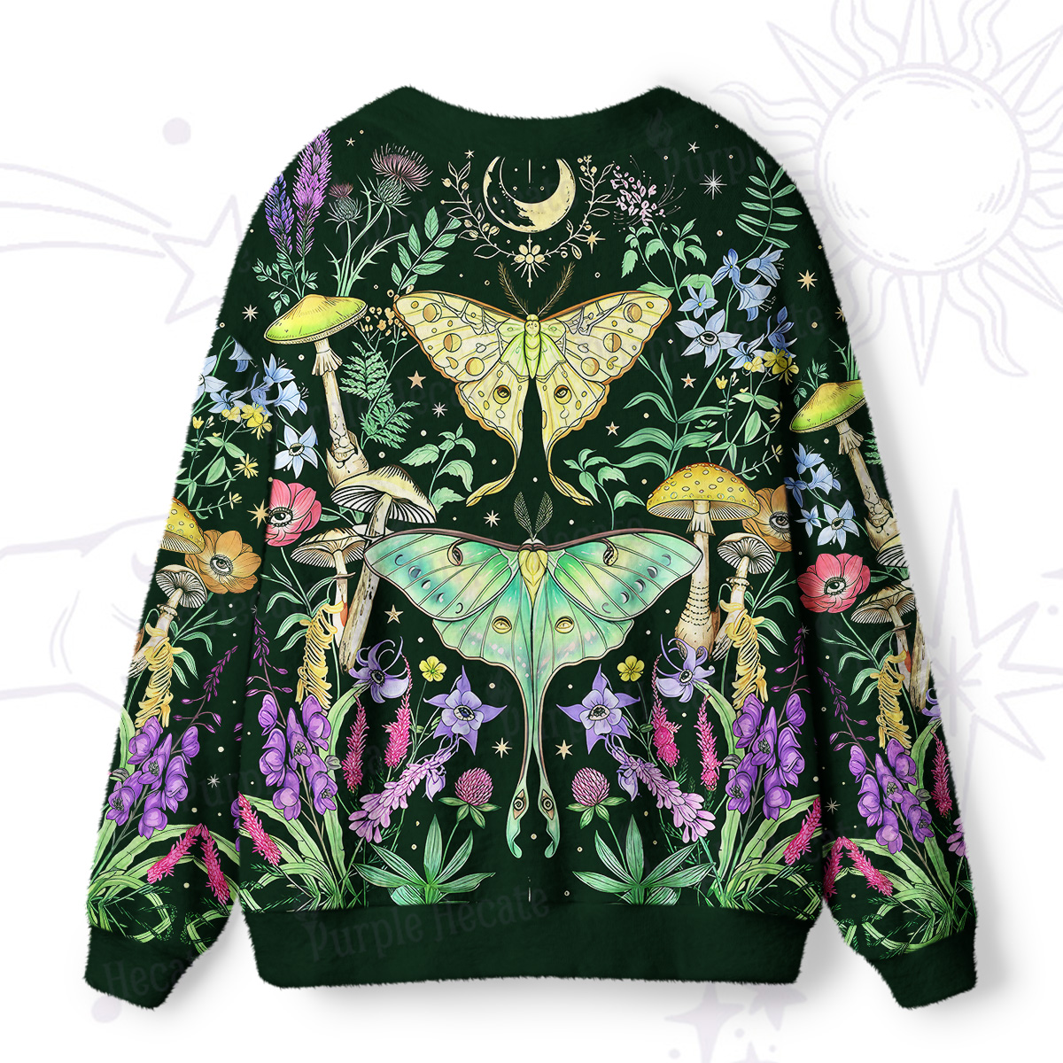 Purplehecate Mystic Lunar Moth Herbal Forest Ugly Cardigan Sweaters