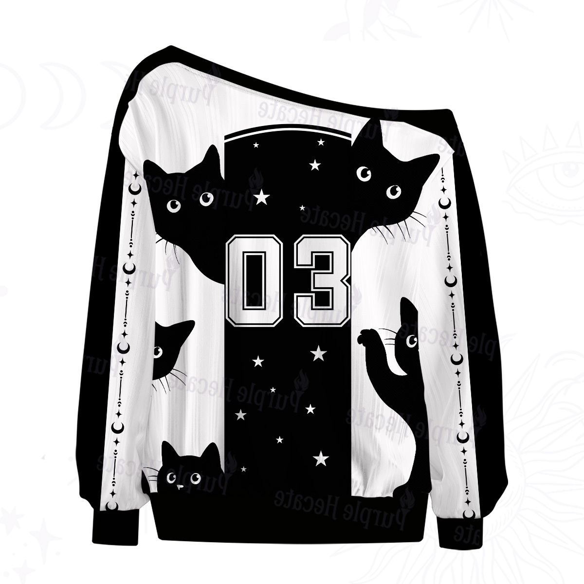 Purplehecate Peekaboo Cats Off The Shoulder Graphic Jersey