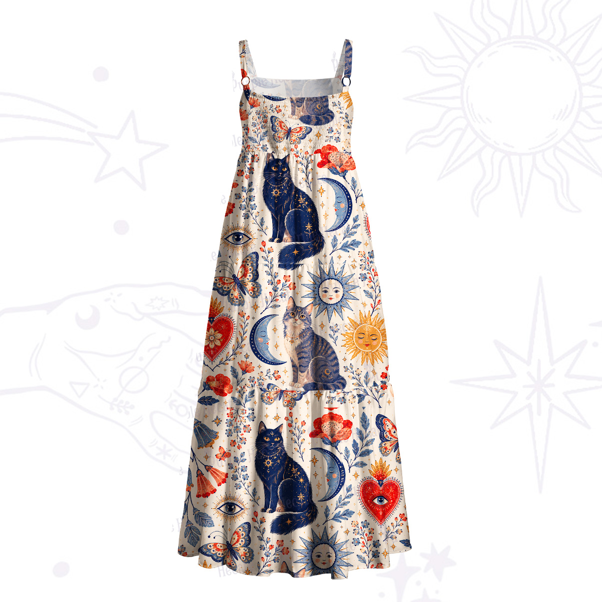 Purplehecate Cat Celestial Print Wide Straps Maxi Dress
