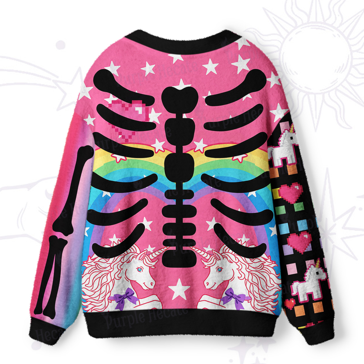Purplehecate Rainbow Unicorn Skeleton Ugly Cardigan Sweaters