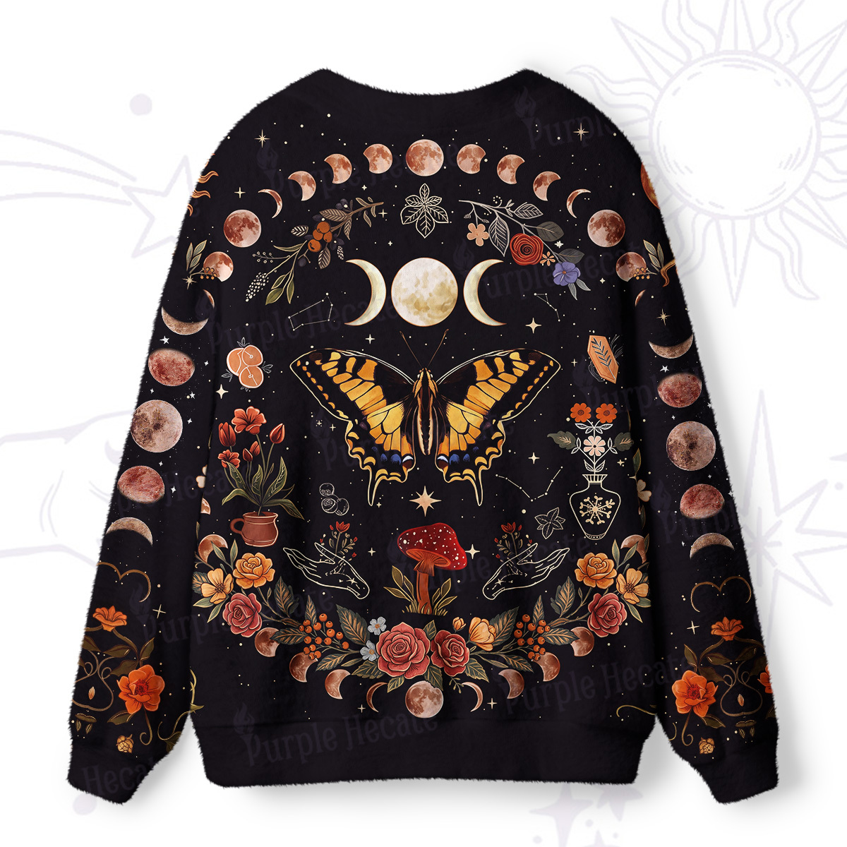 Purplehecate Lunar Phases & Moth Garden Ugly Cardigan Sweaters