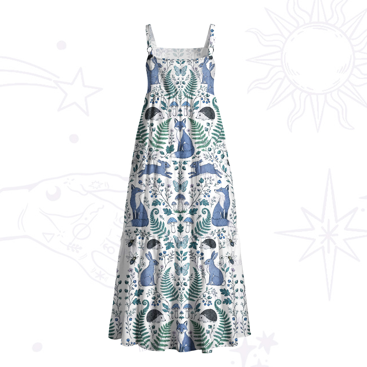 Purplehecate Enchanted Forest Fox and Bunny Wide Straps Maxi Dress