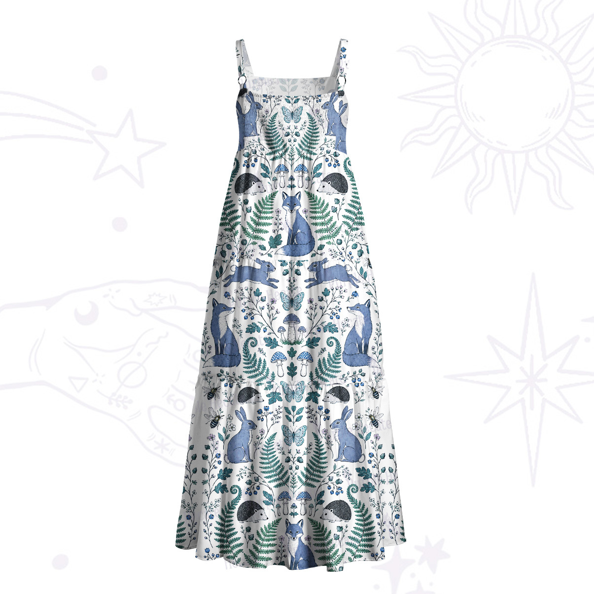 Purplehecate Enchanted Forest Fox and Bunny Wide Straps Maxi Dress