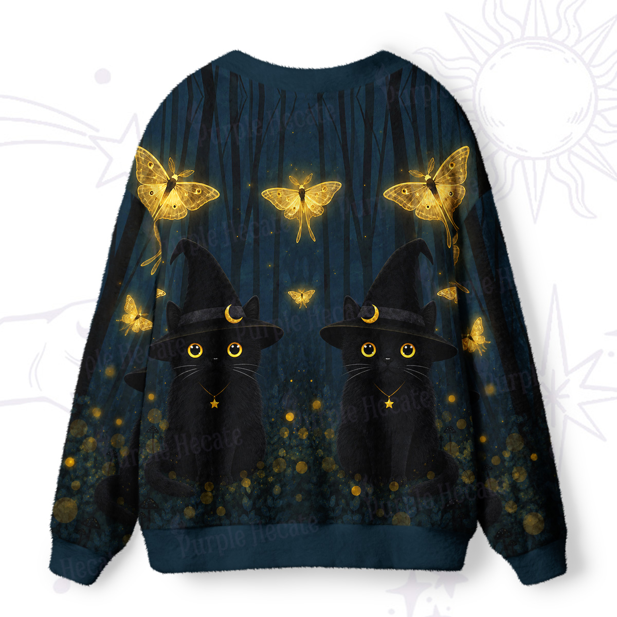 Purplehecate Witchy Black Cat Glow Moth Ugly Cardigan Sweaters