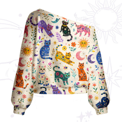 Purplehecate Rainbow Magic Cats One Shoulder Sweaters