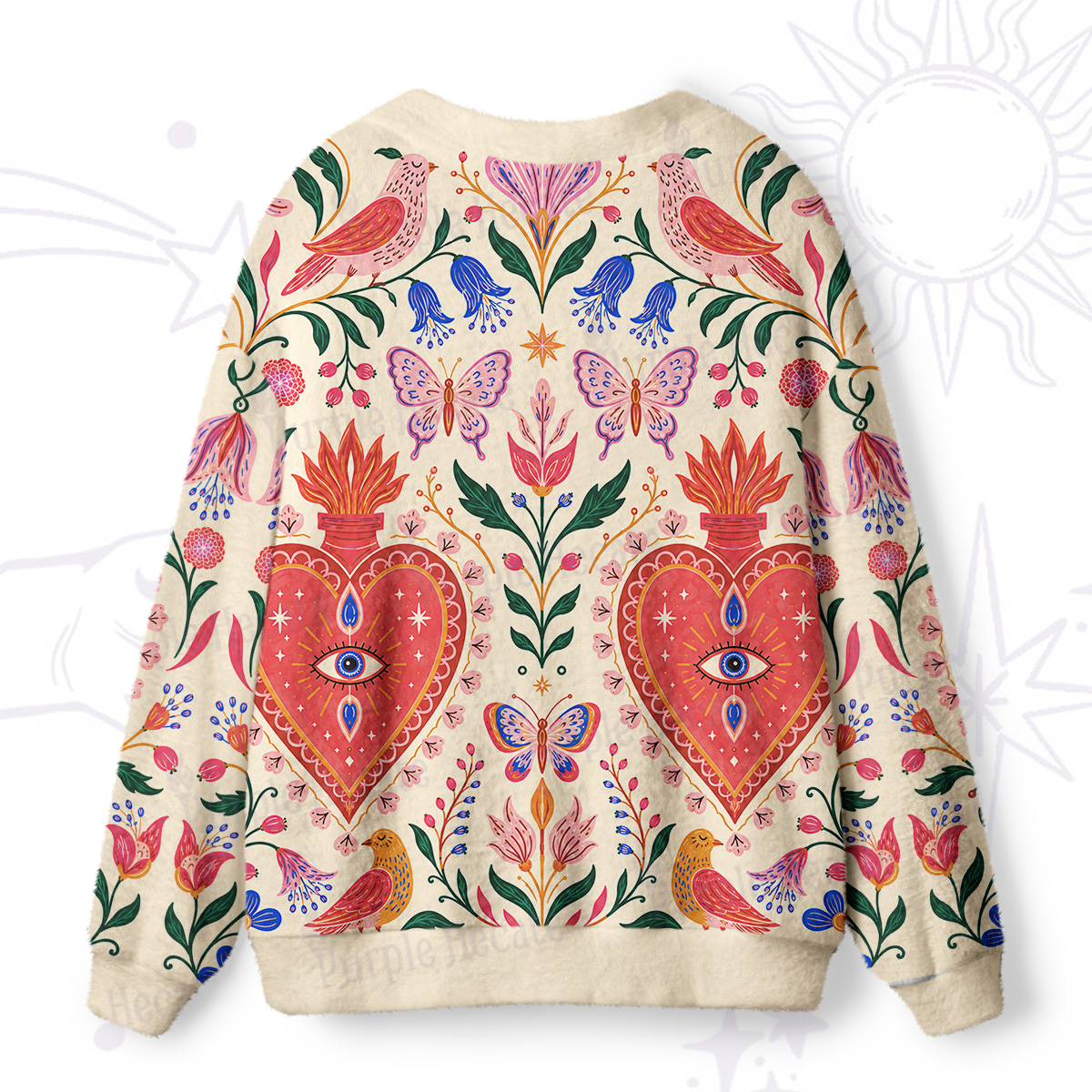 Purplehecate Celestial Flaming Heart Floral Ugly Cardigan Sweaters