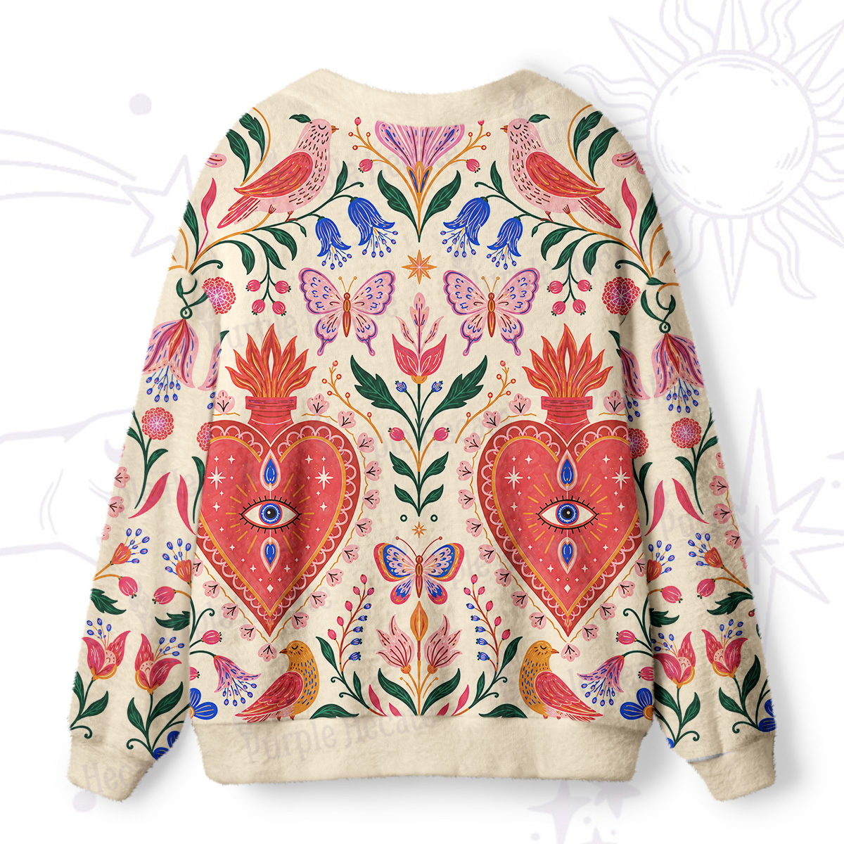 Purplehecate Celestial Flaming Heart Floral Ugly Cardigan Sweaters