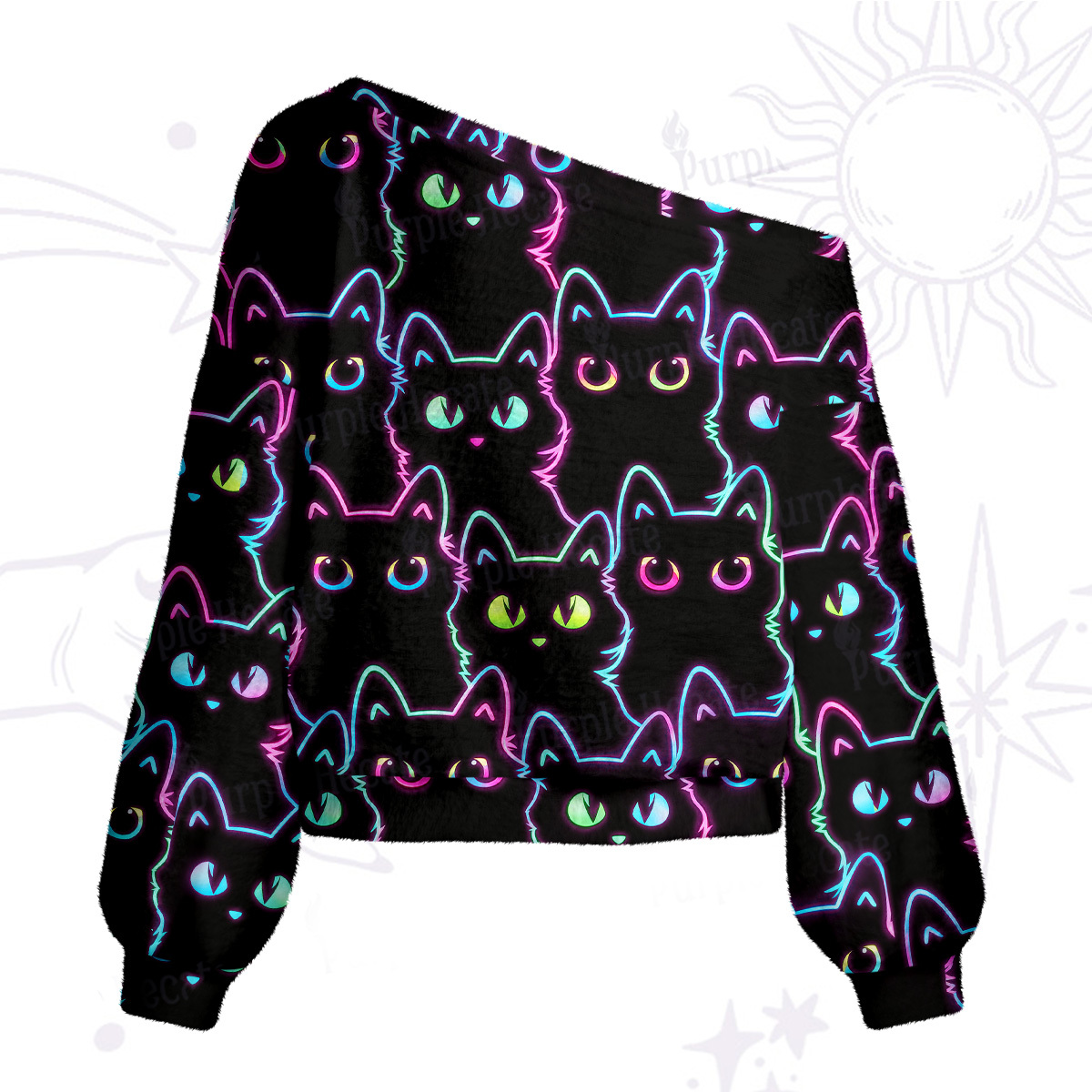 Purplehecate Neon Glow Stacked Cats One Shoulder Sweaters