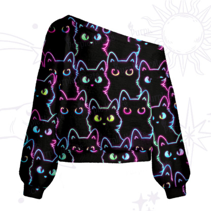 Purplehecate Neon Glow Stacked Cats One Shoulder Sweaters