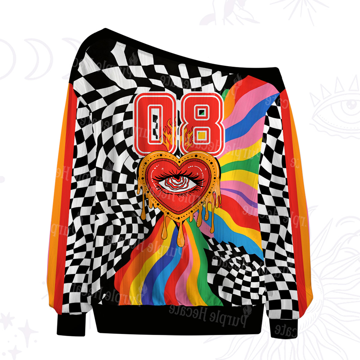 Purplehecate Trippy Rainbow Heart Eye Off The Shoulder Graphic Jersey