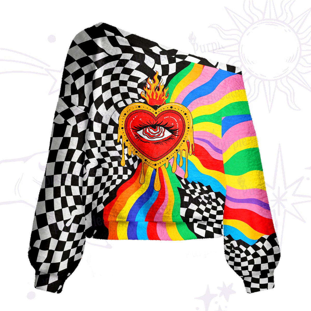 Purplehecate Trippy Rainbow Heart Eye One Shoulder Sweaters